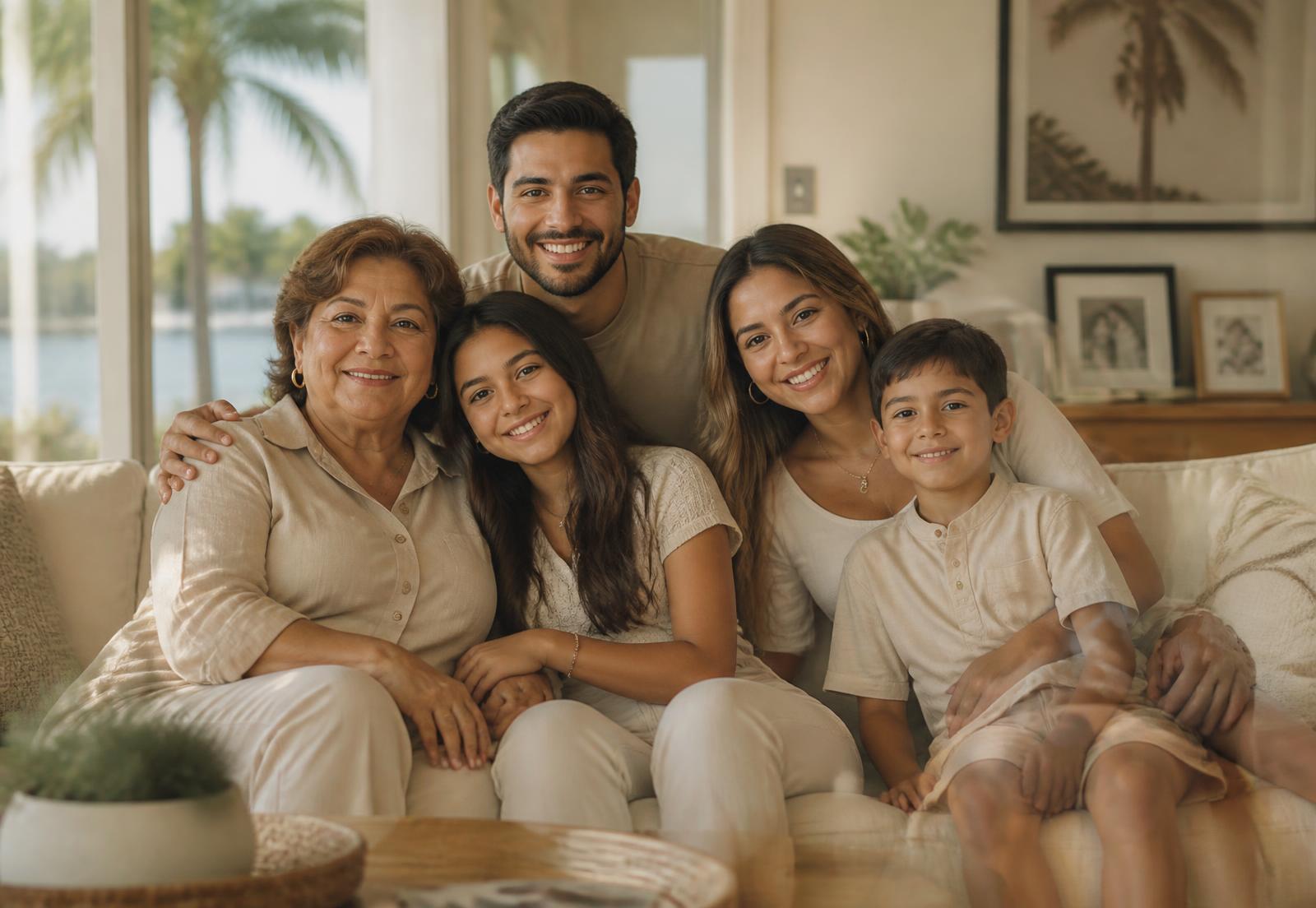 Familia latina en Florida disfrutando tranquilidad financiera en casa